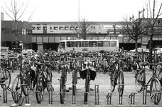169247 Afbeelding van de rijwielklemmen met gestalde fietsen op het Stationsplein te Leiden.